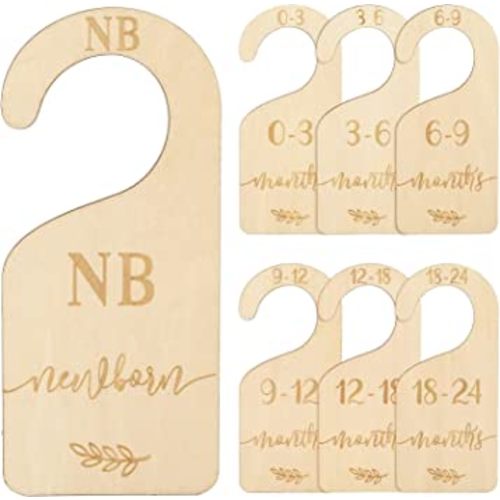 Whaline Wooden Baby Closet Size Dividers Set of 7 Wardrobe Hanger Organizer from Newborn to 24 Month Nursery Decor Dividers with Blue Velvet Bag Design for Home Nursery Infant Baby Clothes