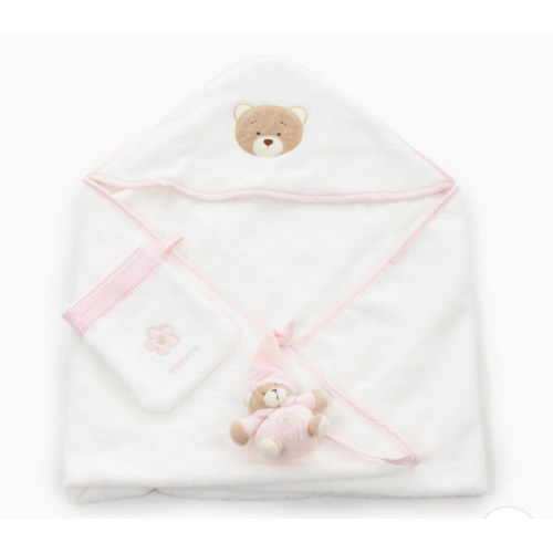 Hooded Towel with Mitt & Toy | White & Pink
