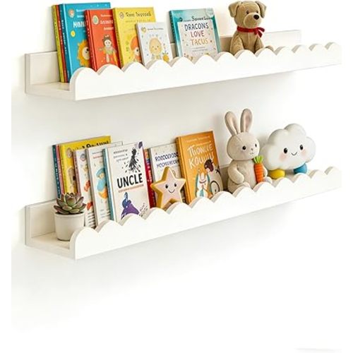 Floating Nursery Book Shelves, Scalloped Shelves for Kids Room 20 Inches, Nursery Bookshelf for Wall Set of 2, Nursery Shelves for Wall Wood, White