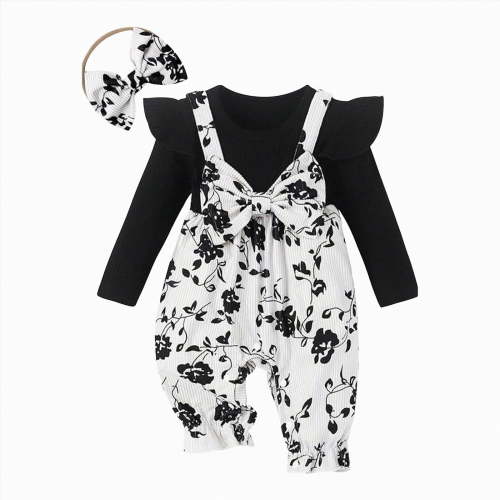 CAICJ98 Baby Girl Clothes Fall Winter Long Sleeve Bubble Romper Floral Bow One Piece Jumpsuit Cute Outfits (Black,3-6 Months)