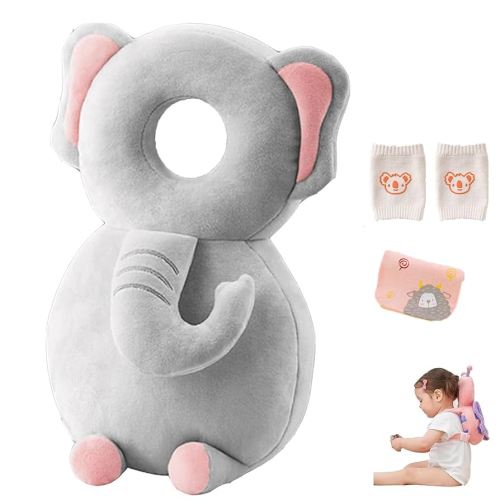 Baby Head Protector Backpack, Adjustable Baby Head Protection Backpack with Baby Knee Pads for Walking & Crawling, Soft, Breathable and Wearing Safety Baby Head Protector - Grey Elephant