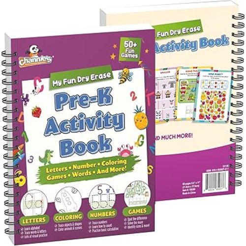 Channie's Pre-K Dry Erase Activity Book, Preschool Workbook with Fun Educational Learning Activities for Kids, Ages 3-5, 50+ Games, Colors, Letter-Tracing, Counting, Mazes, and More!