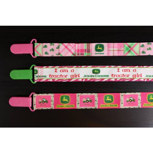 John Deere Tractor Ribbon Baby Girl Pacifier Clip: Country Girl, Patchwork, Farm