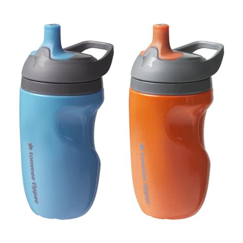 Tommee Tippee Insulated Sportee Bottle, 9oz, No Spill Toddler Water Bottle For 12 months +, Two-Piece Valve Helps Stop Spills, Orange and Blue, 2 count