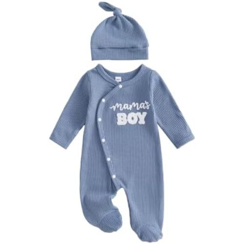 Baby Boy Winter Long Sleeve Waffle Knit Snap Footie + Hat