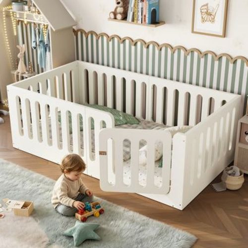 Twin Size Montessori Floor Bed with High Fence & Door, Solid Wood Kids Bed Frame, Low Profile Platform Bed, Beige - ModernLuxe