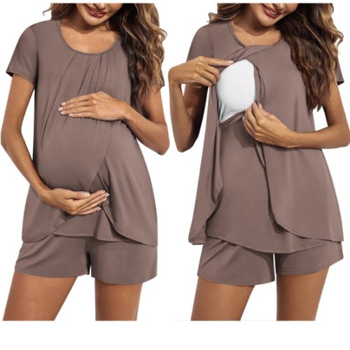 Ekouaer Women's Maternity Nursing Pajamas Set Breastfeeding Sleepwear Double Layer Short Sleeve Top & Shorts Nursing Pjs