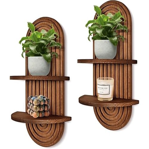 2 Pieces Boho Wall Shelf, Mid Century Shelves, Double Shelves, Decorative Bohemian Rainbow Hanging Shelves for Bathroom, Bedroom, Kitchen, Living Room, Laundry Room (Coffee Color)