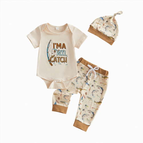HCNTES Newborn Baby Boy Clothes Boy Outfit Infant Romper Winter Fall Long Sleeves Pants Set Hat 3PC(Khaki,12-18 Months)