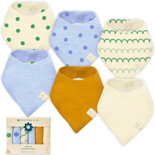 Bandana Bibs - 100% Organic Premium Muslin Cotton, Absorbent, Soft, Adjustable Snap Buttons, Reversible, 7-Layers for Drooling, Teething, Feeding, Gifts for Babies Ages 0-3, Pack of 6