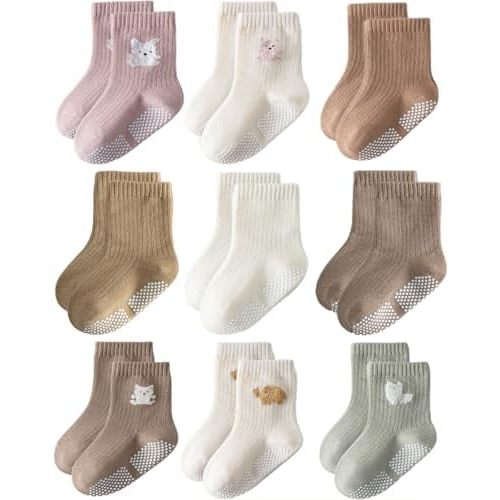 Toddler Grip Socks Non Slip Crew Socks Cute Seamless Cotton Socks for Baby Boys Girls Infants Kids 9 Pairs