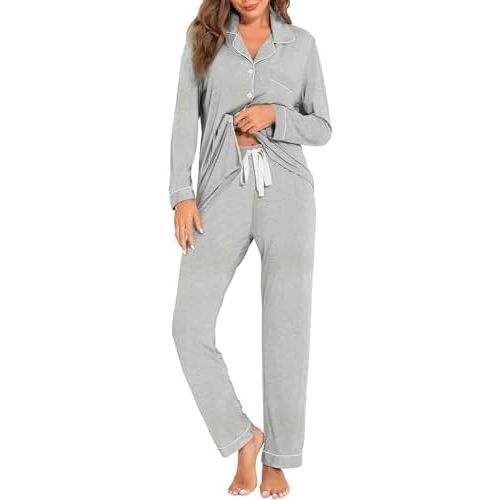 Womens Pajama Sets Long Sleeve Nightwear Lounge Set Button Down Sleepwear Soft Pjs Set with Pockets