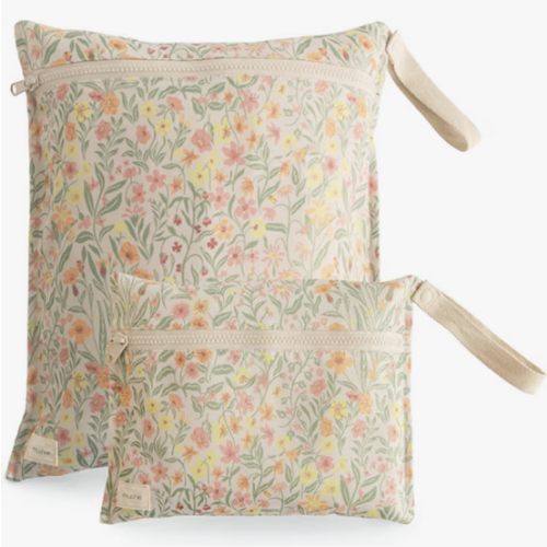 mushie Water Resistant Wet Bags | Large & Small Reusable Storage Bag for Baby Items and Travel | Zippered Pockets with Handle | Machine Washable, Set of 2 (Pastel Blooms)