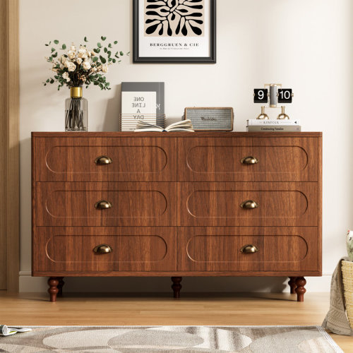 Charlton Home® Mid Century Modern Drawer Dresser, 6 Drawer Fluted Dresser With Solid Wood Legs, Gold Handles & Curved Edges Design For Entryways, Living Room, Bedroom, Walnut | Wayfair
