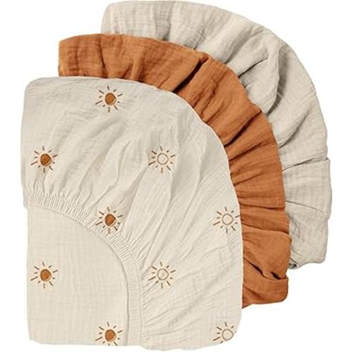 Gllquen Baby Muslin Mini Crib Sheets 3 Pack, Breathable Pack and Play Sheets Fitted Soft Cozy Cotton Pack N Play Sheets for Baby Boy Girls, Universal Fitted Mini Crib Mattresses 38"x26" (Yellow)