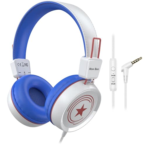 New Bee Kids Headphones for School with Microphone KH20 HD Stereo Safe Volume Limited 85dB/94dB Foldable Lightweight On-Ear Headphone for boy Mac/Android/Kindle/Tablet/Pad