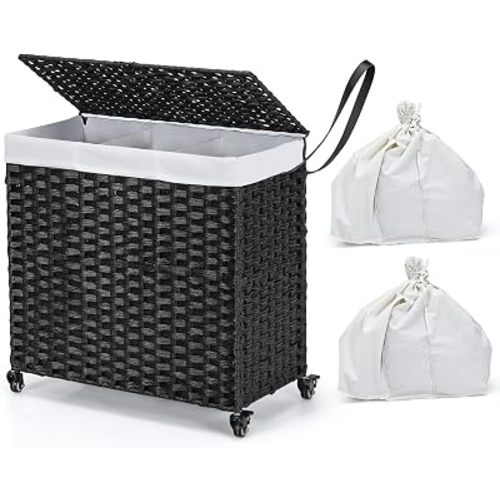 Giantex Laundry Hamper with Wheels and Lid, 125L Rattan Clothes Hamper with 2 Removable Liner Bags & Handle, 3-Section Foldable Laundry Sorter, Rolling Wicker Laundry Basket for Bathroom(Black)