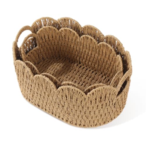 Endymion Set of 2 Scalloped Wicker Basket,Rattan Baskets for Organizing | Cute Paper Rope Storage Baskets for Gifts,Shelves,Toys,Books, Decorative Woven Basket for Nursery,Living Room