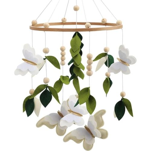 Butterfly Mobile for Crib - A Beautiful Neutral Butterfly Handmade Crib Mobile with Green Leaves, White and Gold Detail
