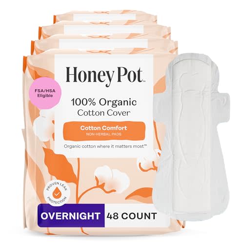 The Honey Pot Company - 48ct - Sanitary Pads for Women - Non-Herbal Overnight w/Wings - Organic Cotton Cover & Ultra-Absorbent Pulp Core - Feminine Care