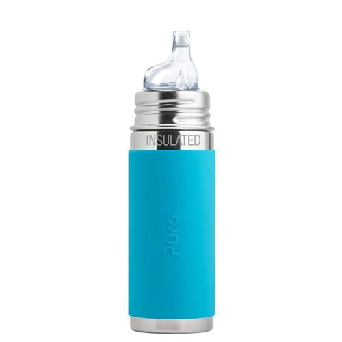 Pura Kiki 9oz/260ml Stainless Steel Insulated Sippy Bottle w/Sleeve, Plastic-Free, MadeSafe Certified, Medical-Grade Silicone Sipper Spout Fast Flow Rate for Kids, Toddlers, Babies & Infant – Aqua