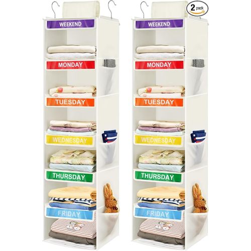2 Pack 6-Shelf Weekly Clothes Organizer for Kids, Hanging Daily Closet Organization with 6 Side Pockets, Days of The Week Clothing Divider Storage for Boys and Girls (White)