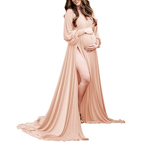 Maternity Gown Bishop Sleeves Baby Shower Dress Wrap Side Slit Sweetheart Maxi Photo Shoot for Photography