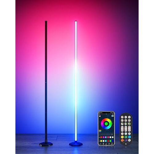 2PCS Smart RGB LED Corner Floor Lamp with App and Remote Control, 65" Color Changing Standing Lamp with Music Sync and 16 Million DIY Colors, Modern Floor Lamps for Bedroom Living Room Gaming Rooms