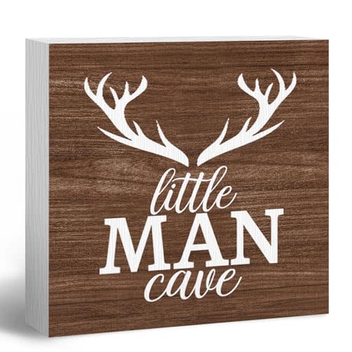 Little Man Cave Sign for Boys, Boy Nursery Desk Decor, Vintage Rustic Farmhouse Antlers Deer Wood Block Box Sign Plaque for Woodland Forest Nursery Baby Home Bedroom Living Room Shelf Decor