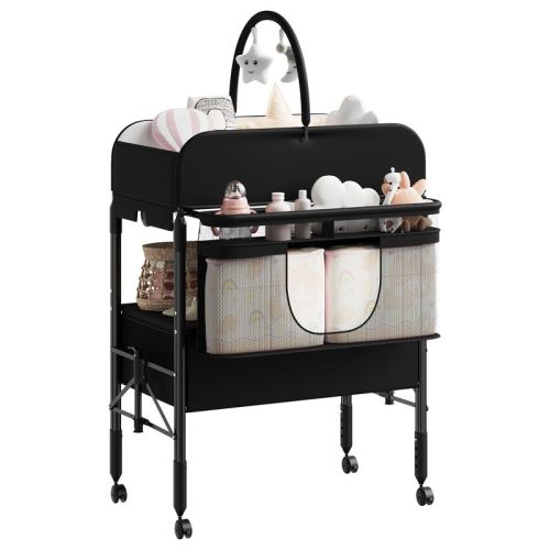 Portable Collapsible Baby Changing Table, Diaper Station with Drawers & Wheels, Adjustable Height Mobile Nursery Organizer