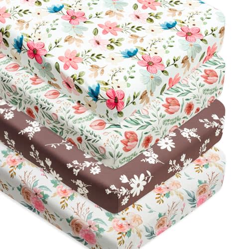 4 Pack Baby Girl Crib Sheets Set Soft Fitted Floral or Elephant Theme Baby Girl Mattress Covers Breathable Toddler Bed Sheets for Infant or Newborn Girls (Flower, Crib Sheets)