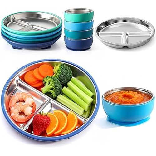 Havawish 8 Pcs Stainless Steel Baby Plate and Bowls with Suction, 8.3" Kid Divided Plate and 4" Toddler Bowl with Removable Silicone, BPA-free Non-slip Baby Feed Set Dishwasher Safe for Boy Girl(Blue)