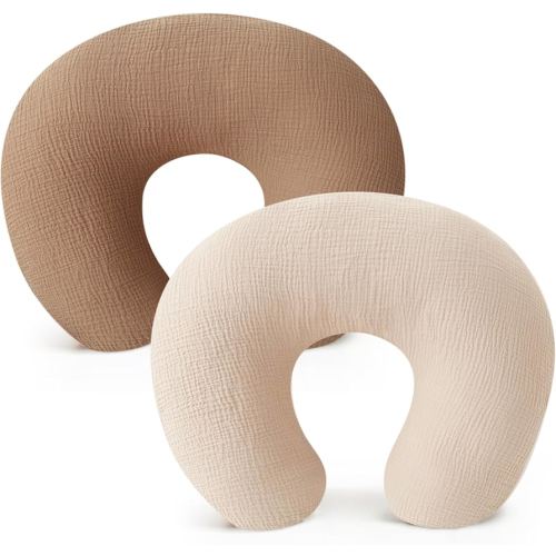 Konssy 2-Pack Muslin Nursing Pillow Covers, Soft & Adorable Nursing Covers for Breastfeeding Pillows, Slipcovers for Newborn Boys & Girls(Brown,Cream)