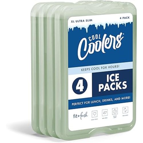 Cool Coolers by Fit & Fresh XL Slim Ice Packs, Quick Freeze Reusable Ice Packs for Lunch Boxes & Coolers, Long-Lasting, Space Saving Cooler Ice Packs, Sage, 4Pk