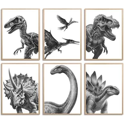 Dinosaur Poster T-Rex Print For Kids Decor Vintage Dinosaur Canvas Wall Art For Modern Family Decor (8×12 inch,Set of 6, Unframed)