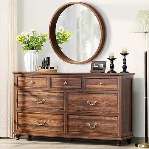 Joaxswe Farmhouse 54" 7 Drawers Dresser for Bedroom, Vintage Wood Chest of Drawers w/ 4 Wooden Legs, Wide Closet Storage Dressers Organizer for Hallway, Rustic Large TV Stand for Living Room, Brown