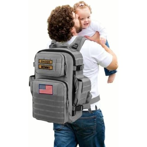 SHARKMOUTH Baby Diaper Bag for Dad - Military Diaper Backpack with Patches for Outdoor Hiking Travel Camping Park - Baby Shower Gifts Gray