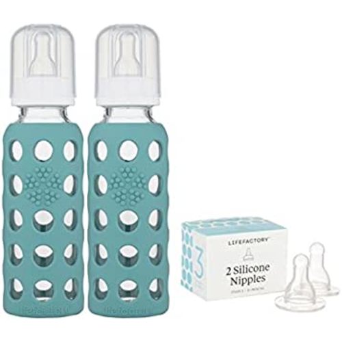 Lifefactory 9oz Glass Baby Bottle 2pk Bundle with 2 Stage 3 Nipples (Kale/Kale)