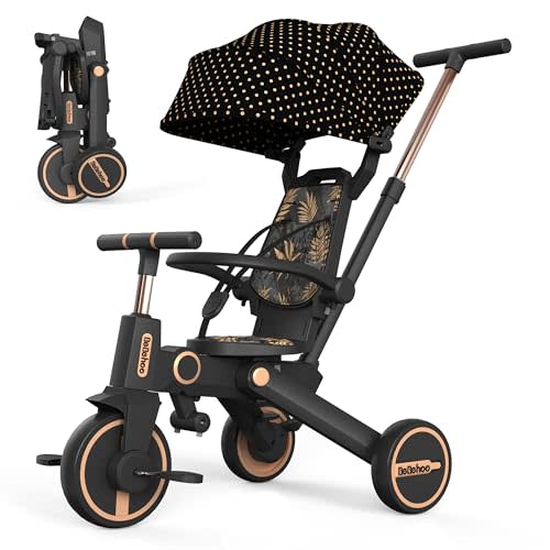 Bebehoo Tricycle Stroller for Toddler,Foldable Baby Tricycle,Kids Balance Bike with Push Handle,Toddlers Stroller Bike with 1 to 5 Years,7-in-1 Push Tricycle Bike for Kids(Gold)