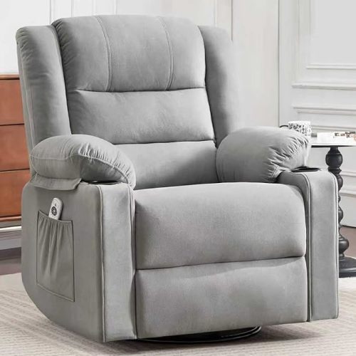 Rocker Swivel Recliner Chair for Adults, Overstuffed Large Manual Recliner Glider with Massage and Heat, Comfy Soft Fabric Living Room Reclining Sofa Chair (Cocoa1)