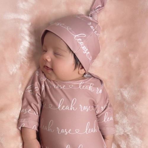 Solid Mauve Heart Personalized Newborn Baby Knot Gown - Script
