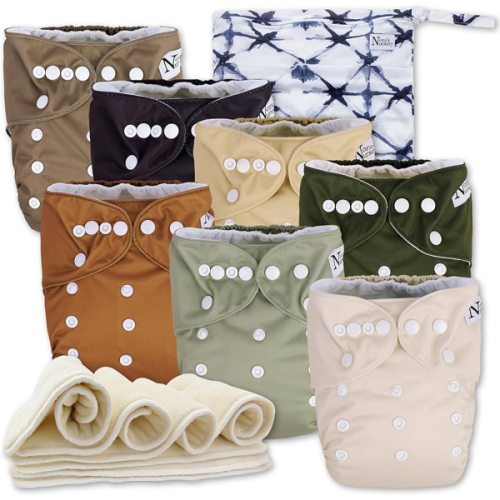 Nora's Nursery Cloth Diapers 7 Pack with 7 Inserts & 1 Wet Bag - Waterproof Cover, Washable, Reusable & One Size Adjustable Pocket Diapers for Newborns and Toddlers - Down to Earth