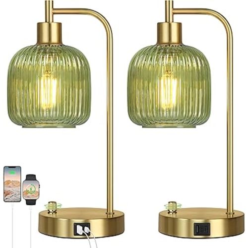 QiMH Industrial Table Lamp for Bedroom Set of 2, Green Glass Beside Lamp with USB A&C Ports, Stepless Dimmable Gold Lamps, Nightstand Lamps for Living Room, Office, Home Decor(Bulb Included)