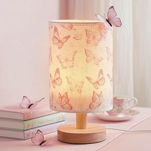 Baquler Butterfly Bedside Lamp for Bedroom-Pink Table Lamp with USB, Butterfly Room Bedroom Decor, Wood Base Round Flaxen Fabric Shade for Desk Living Room Office Classroom Birthday Party Gifts