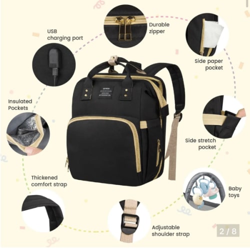 Diaper Bag Backpack, Multifunctional Baby Changing Bag with Foldable Crib & Insulated Milk Bottle Pockets, Large Capacity Portable Travel Backpack with USB Charging Port, Nappy Bag for Moms Dads - TikTok Shop
