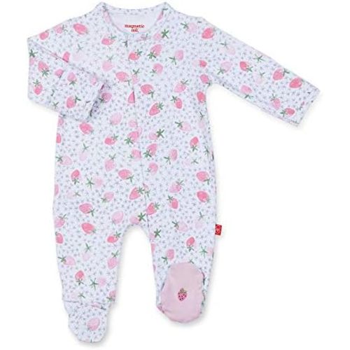 Magnetic Me 100% Organic Cotton Magnetic Baby Footie Pajamas | Super Soft Cotton Fabric | Strawberries and Cream | 0-3 Months