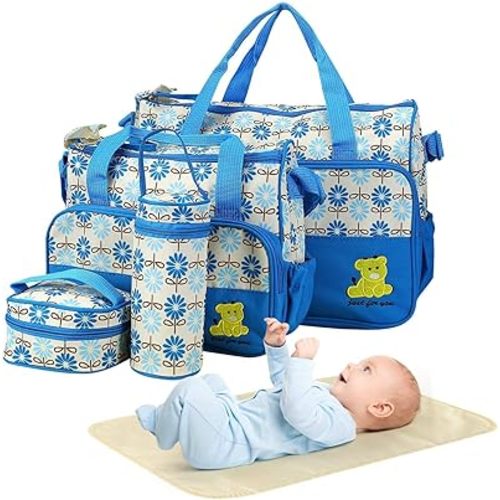 Moclever Diaper Bag Tote Set, 5PCS Baby Bags for Mom and Dad – Large Maternity Travel Bag with Insulated Bottle Holder, Food Bag & Portable Changing Pad, Waterproof Baby Essentials Organizer (Blue)