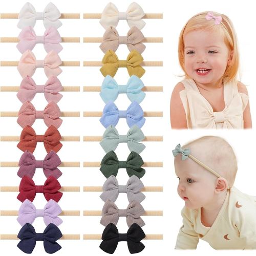 jollybows 20pcs Baby Girl Bow Headbands Newborn Nylon Hairband 2" Neutral Linen Infant Hair Bows