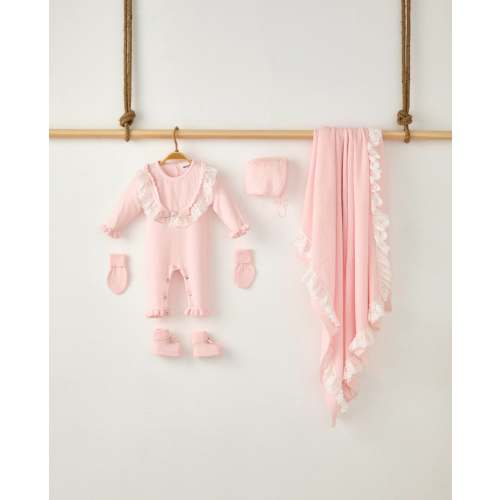 MI LOVES SIGNATURE Beautiful Pink 5 piece Hospital/Coming home set with Lace frill details(including Blanket/Romper/Mittens/Booties/Hat)
