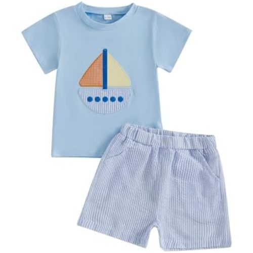 Toddler Baby Boy Sailboat Outfit Boating Sailing Embroidery Cotton T-Shirt Plaid Shorts Set Little Boy Summer Clothes